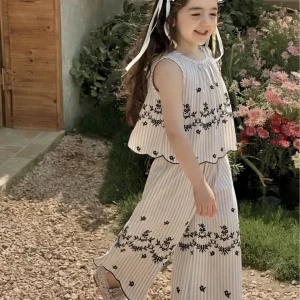 Toddler Striped Sleeveless Top Wide Pants Set.