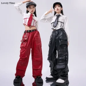 Girls Crop Top Pu Leather Cargo Pants set.