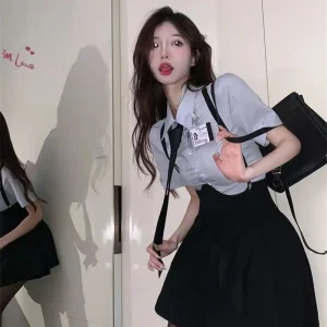 American Style Girls Strap Dress Black Pleated.
